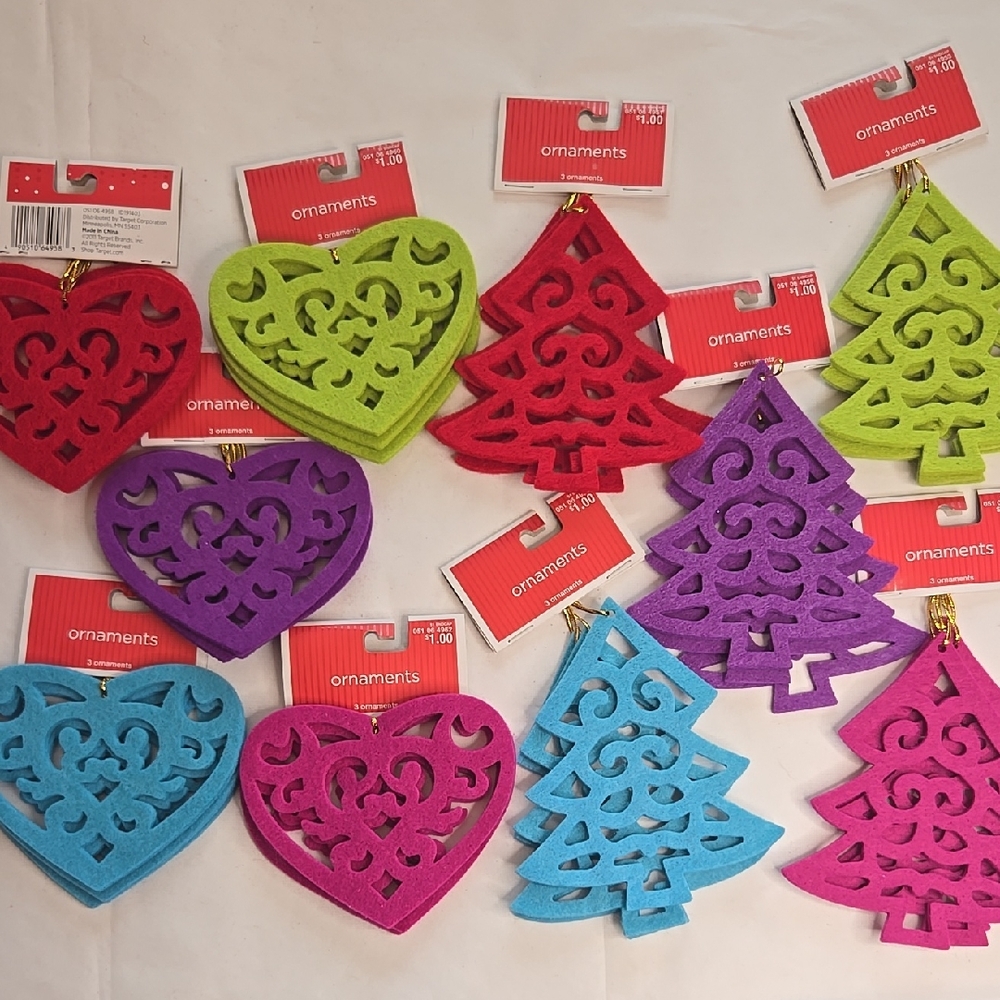 NWT 30 Die-Cut Felt Holiday Ornaments Trees Hearts Bright Colors